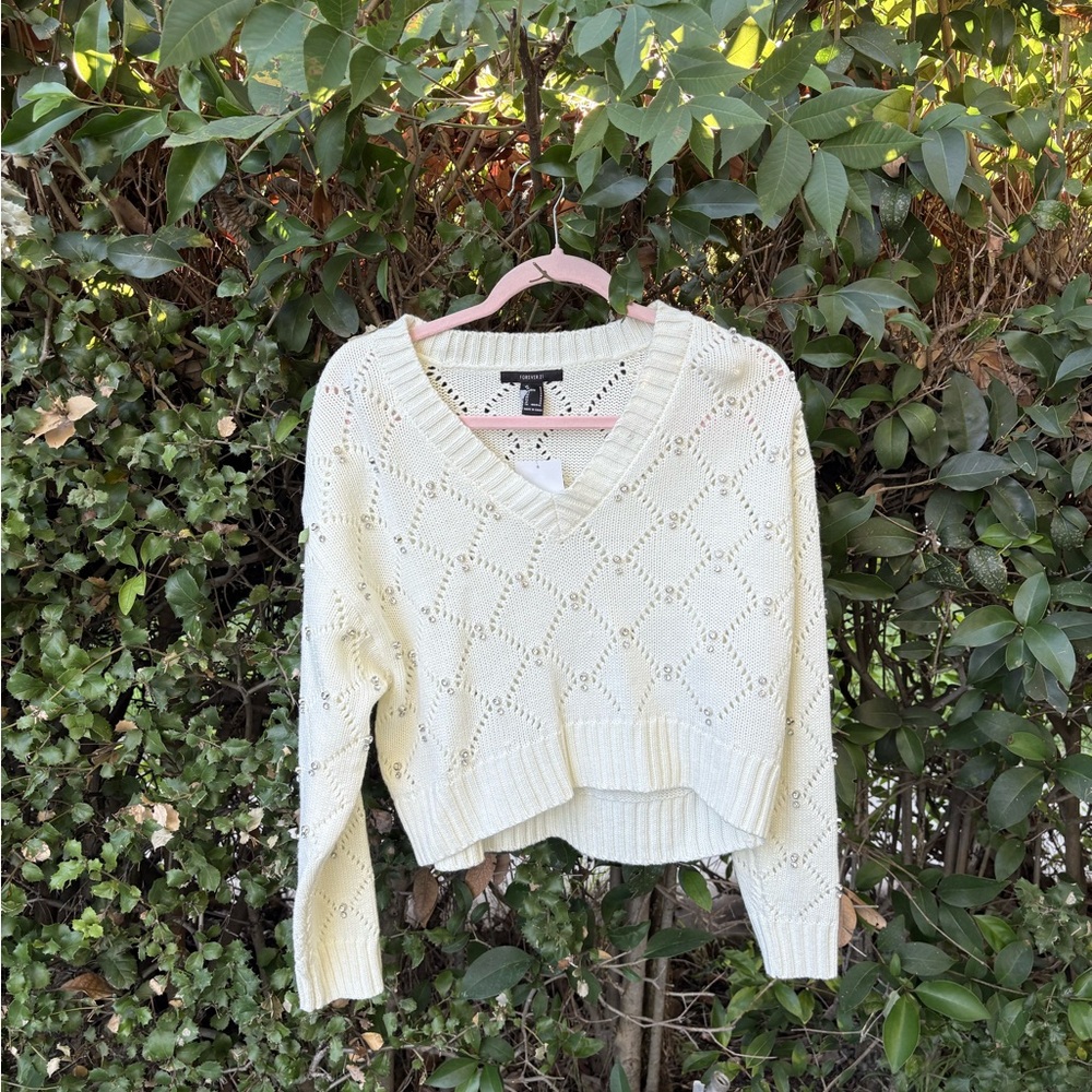 Forever 21 Sparkle V-Neck Cream Sweater with diamond studs